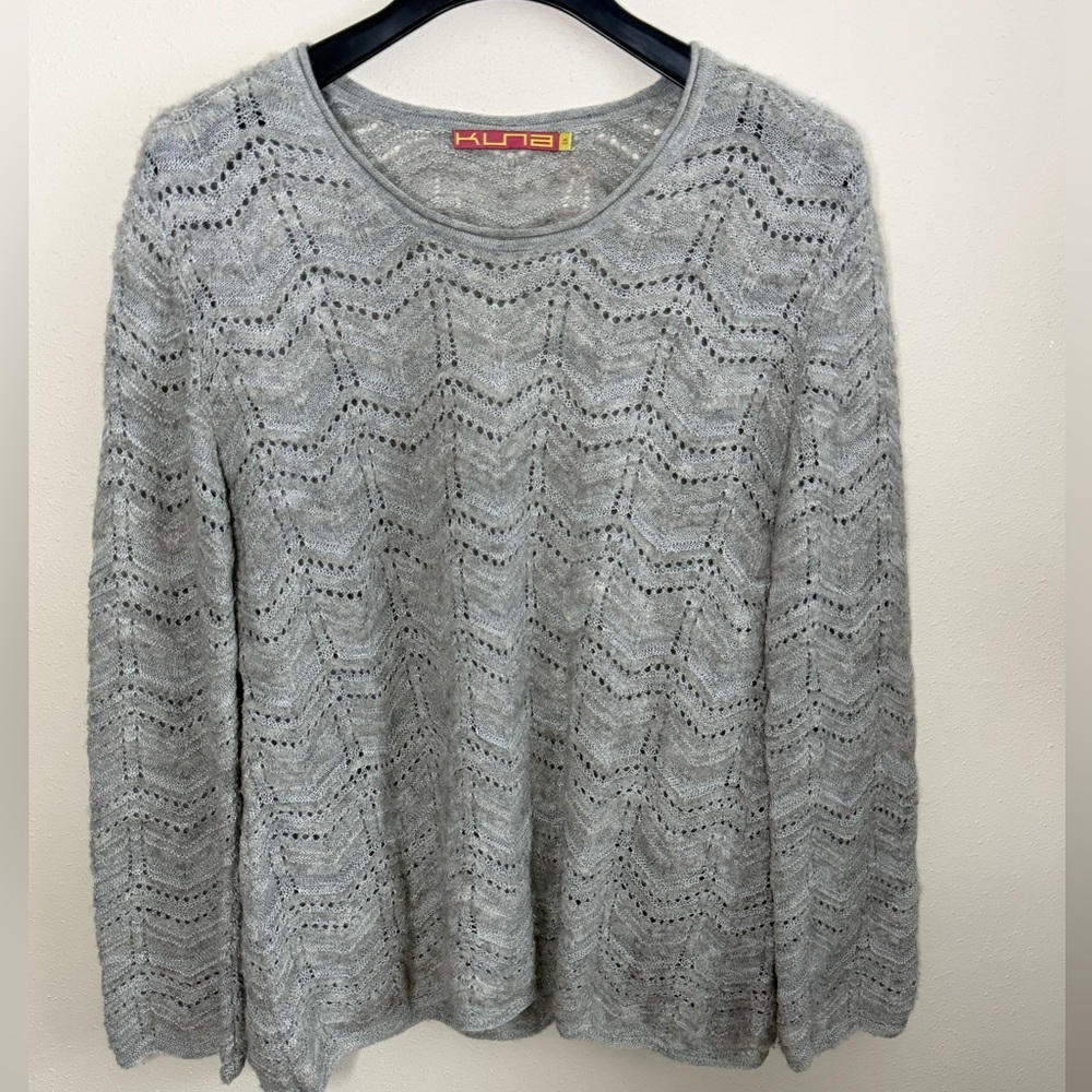 Kuna Baby Alpaca Silk Sweater Gray Pointelle Knit Peru Luxury M
